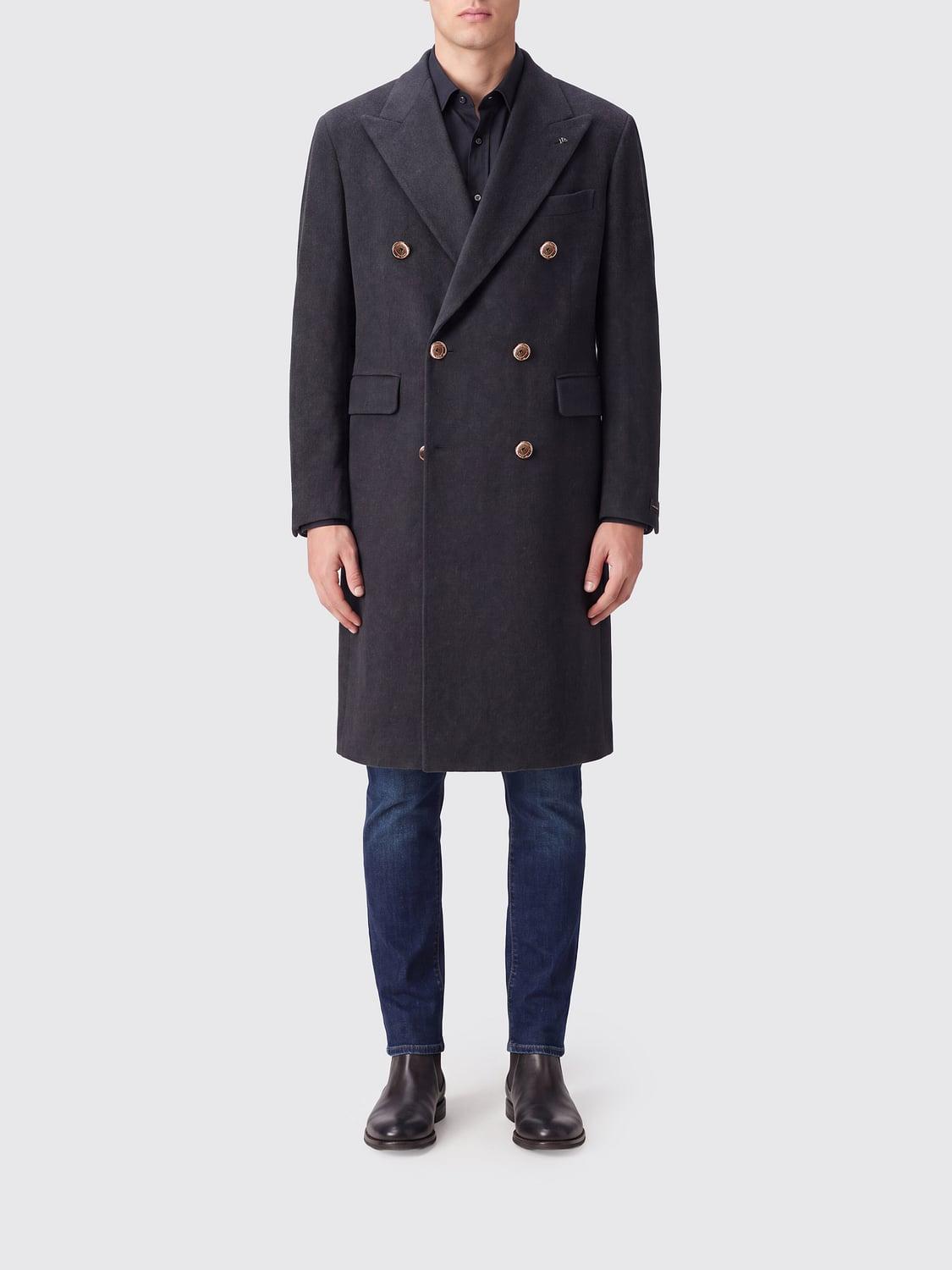 Double-Breasted Long Coat in Wool and Cashmere with Metal Buttons