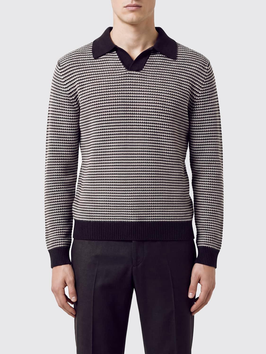 Striped Long-Sleeved Knit Polo in a Wool and Cashmere Blend