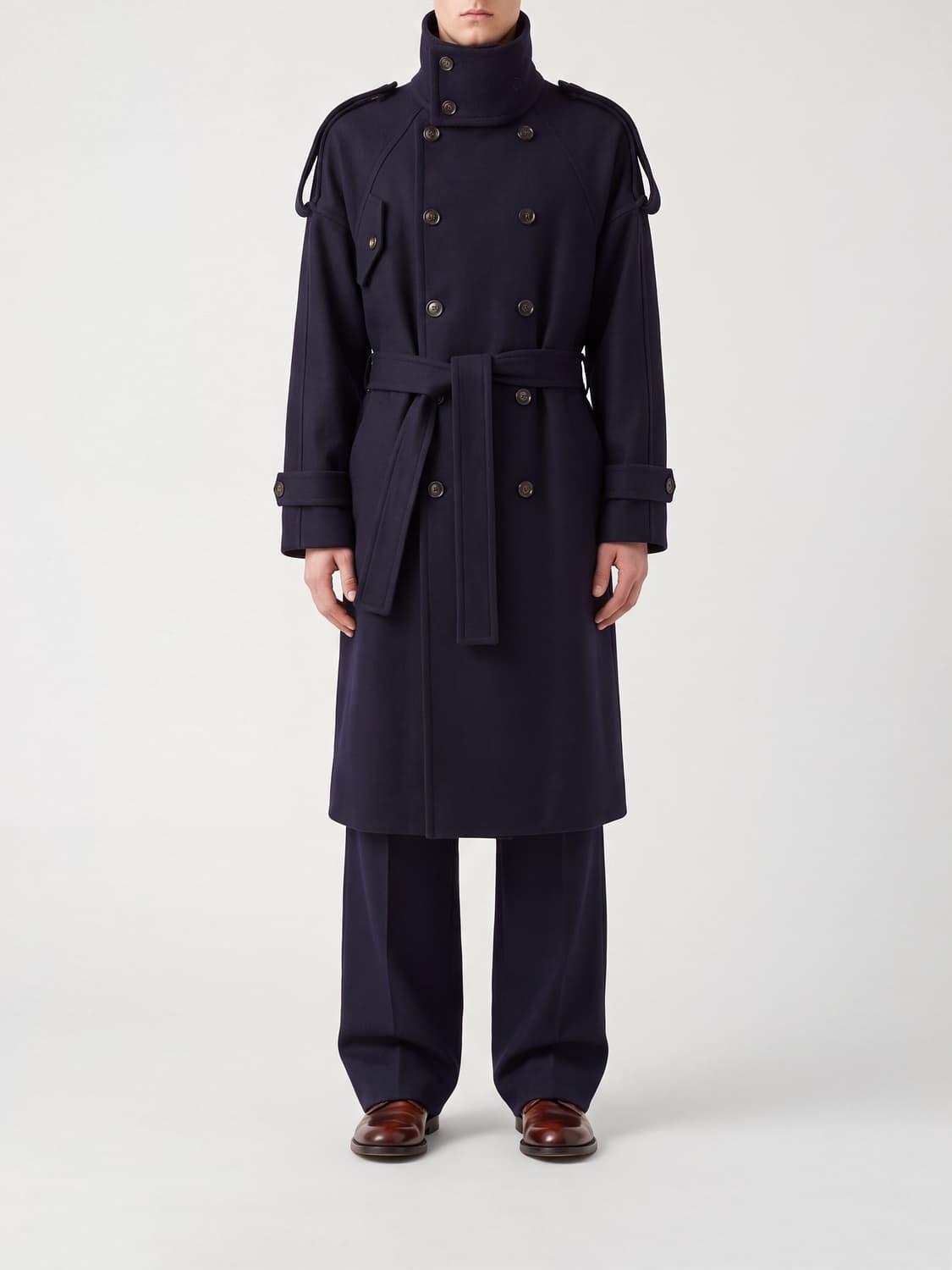 Double-Breasted Trench Coat in Virgin Wool and Cashmere with Belt