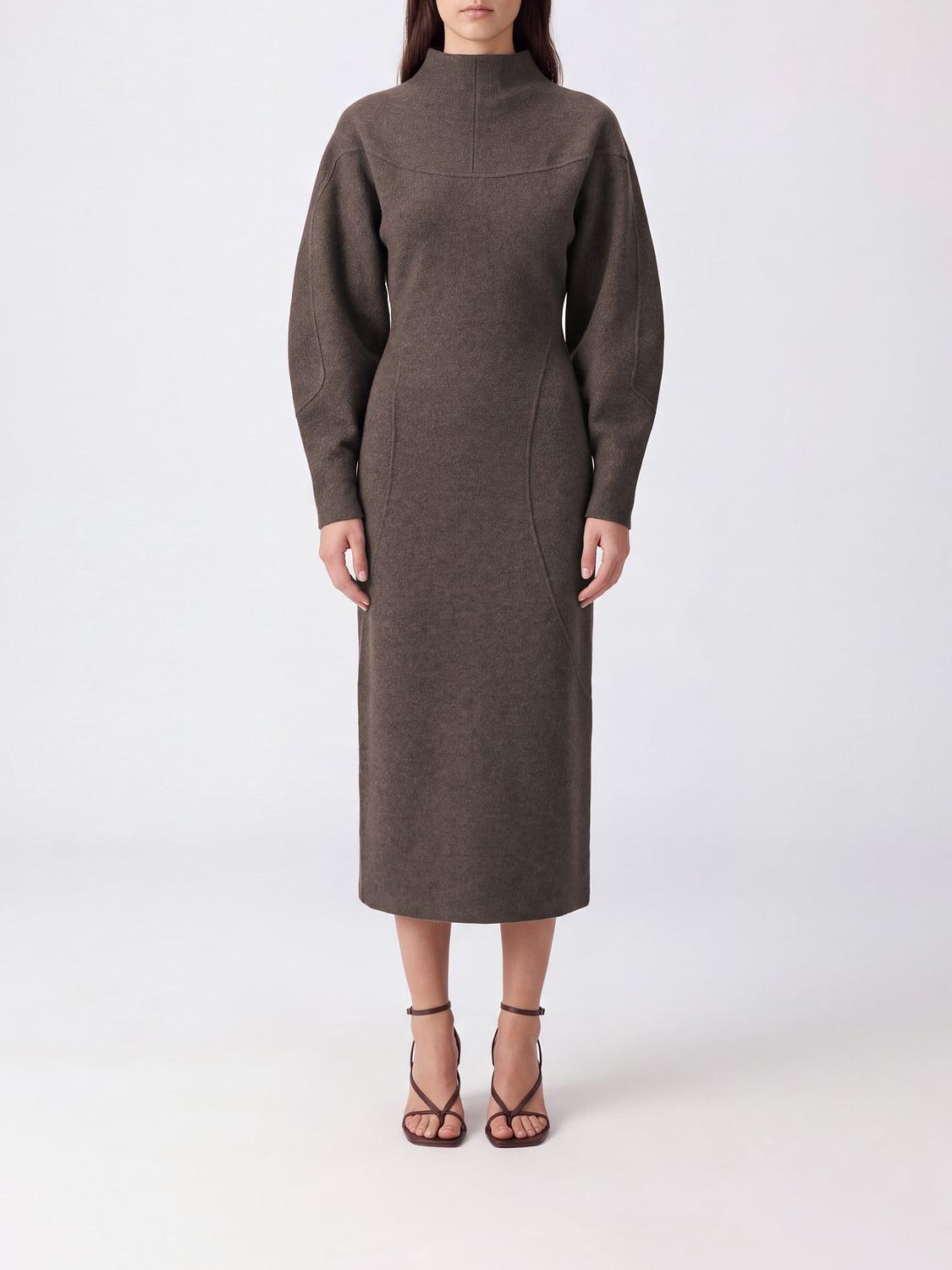 Wool and Cashmere Blend Midi Pencil Dress with Balloon Sleeves
